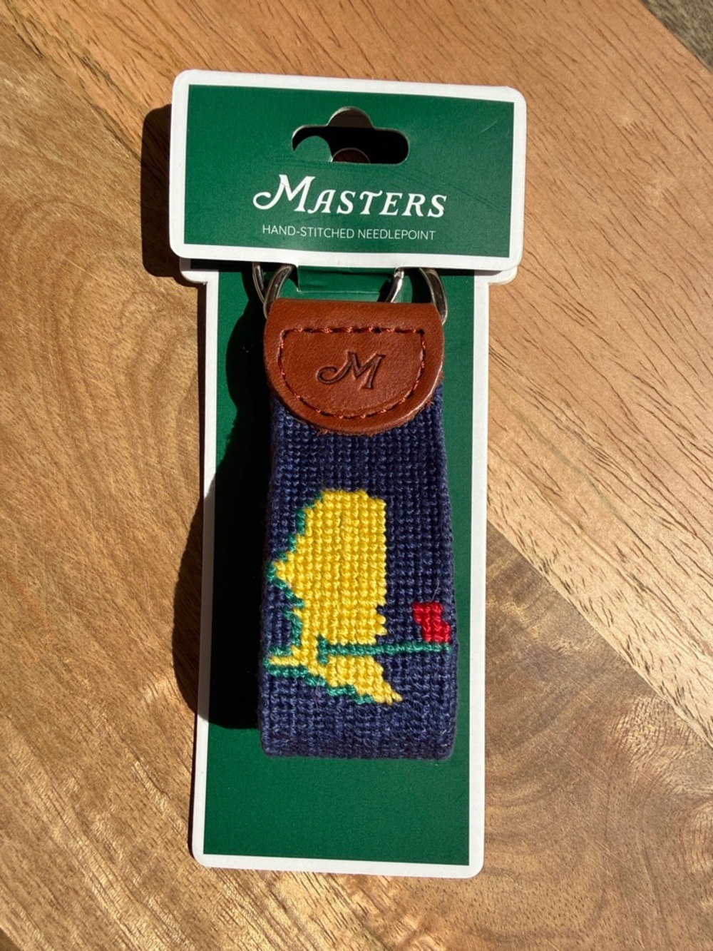 Masters 2026 Hand-Stitched Needlepoint Key Fob - Navy with Yellow & Red Design